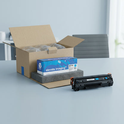Elevate Imaging HP 312A Cyan toner cartridge unboxed with secure shipping protective packaging.