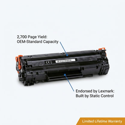 HP 312A Cyan Toner Cartridge featuring 2,700 page yield, Static Control build, and lifetime warranty.