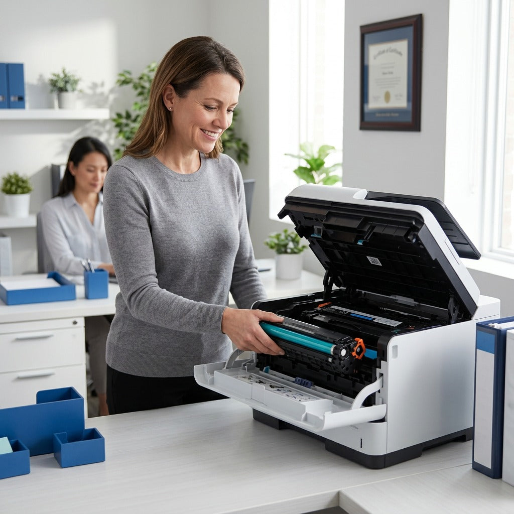 Person installing Elevate Imaging HP 312A Cyan Remanufactured Toner into an HP LaserJet Pro MFP.