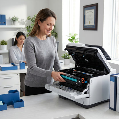 Person installing Elevate Imaging HP 312A Cyan Remanufactured Toner into an HP LaserJet Pro MFP.