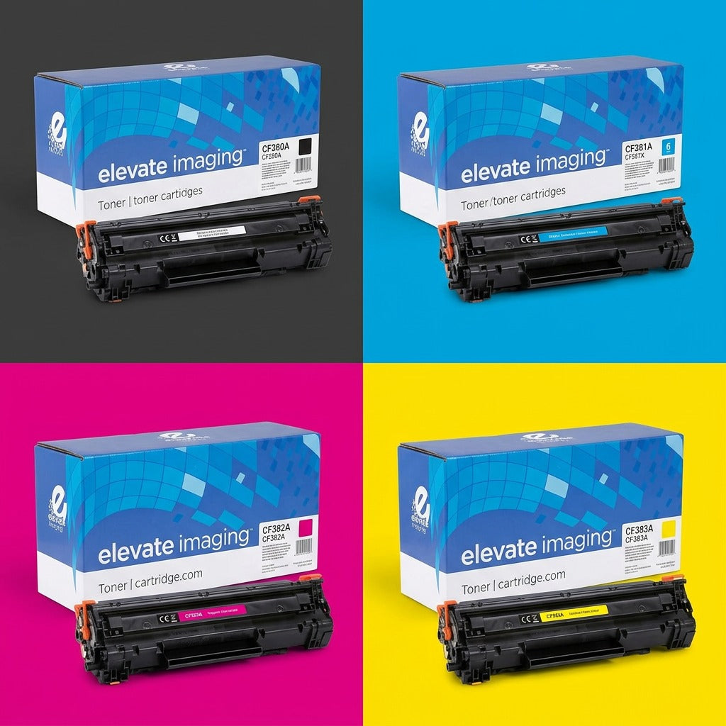 Elevate Imaging HP 312A remanufactured toner cartridges in black, cyan, magenta, and yellow.