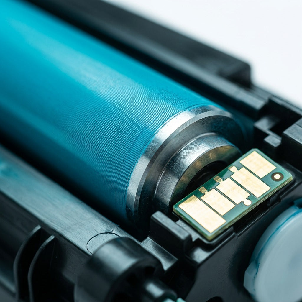 Macro detail of cyan developer roller and gold contact chip on an HP 312A (CF381A) toner cartridge.