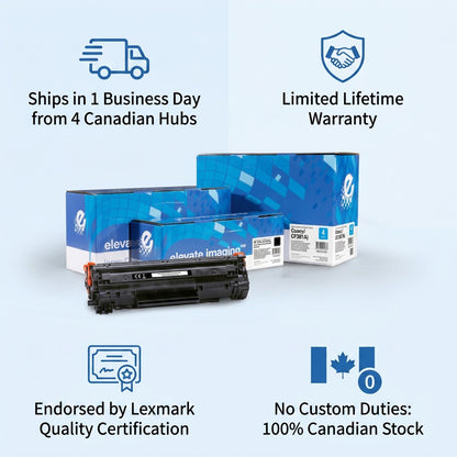 Elevate Imaging cyan toner cartridge and boxes with fast Canadian shipping, warranty, and Lexmark certification.