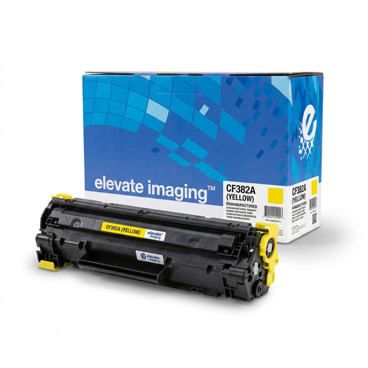 Elevate Imaging remanufactured HP 312A (CF382A) Yellow toner cartridge with its retail box.