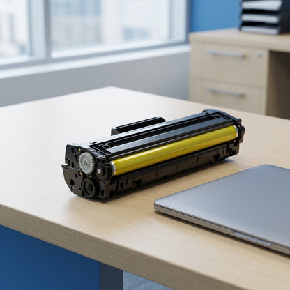 Yellow HP 312A (CF382A) remanufactured toner cartridge on a desk next to a laptop for scale.