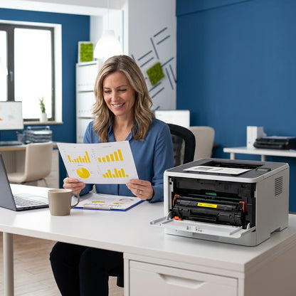 A professional desk setting showing a yellow toner cartridge inside a printer and a woman holding a document with vivid yellow charts.
