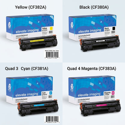 Four-quadrant grid showing Elevate Imaging remanufactured HP 312A toner cartridges in Yellow, Black, Cyan, and Magenta.