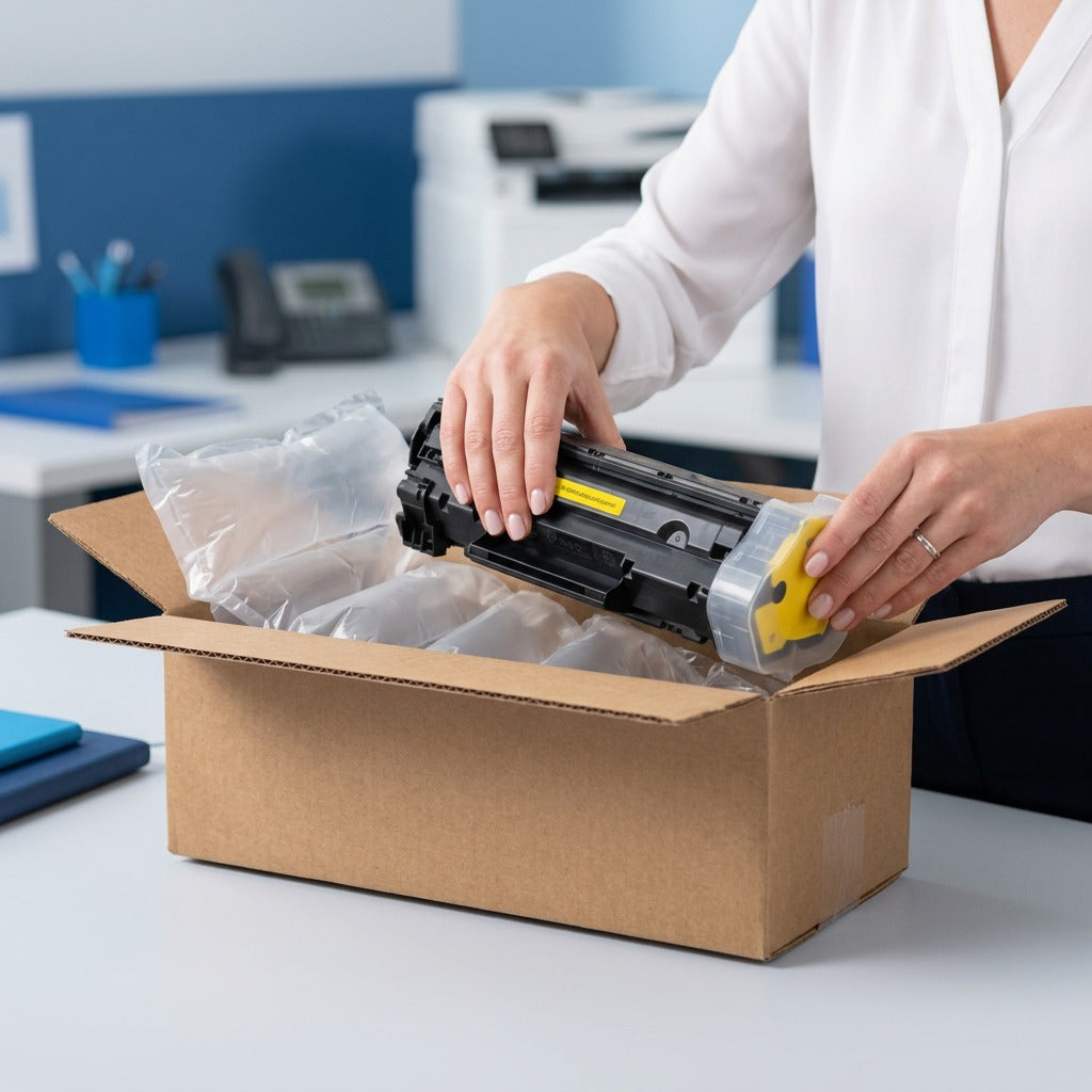 Hands unboxing an HP 312A yellow toner cartridge from a shipping box with air-cushion packaging.