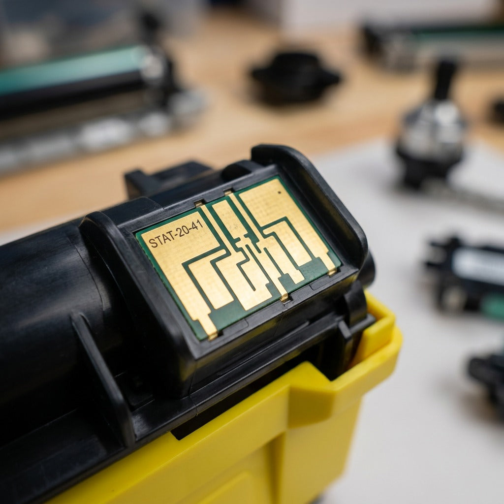 Macro detail of the gold-plated smart chip on an Elevate Imaging HP 312A Yellow Toner Cartridge.