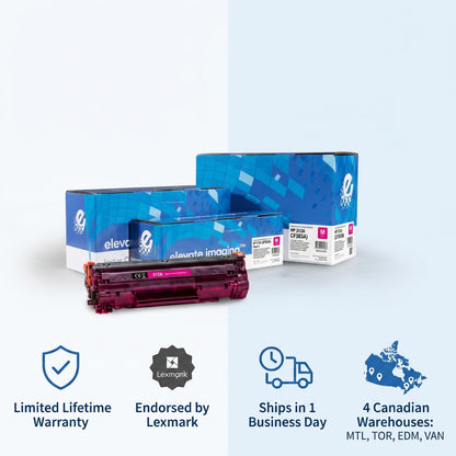 Elevate Imaging HP 312A Magenta Toner with warranty, Lexmark endorsement, and Canadian shipping info.