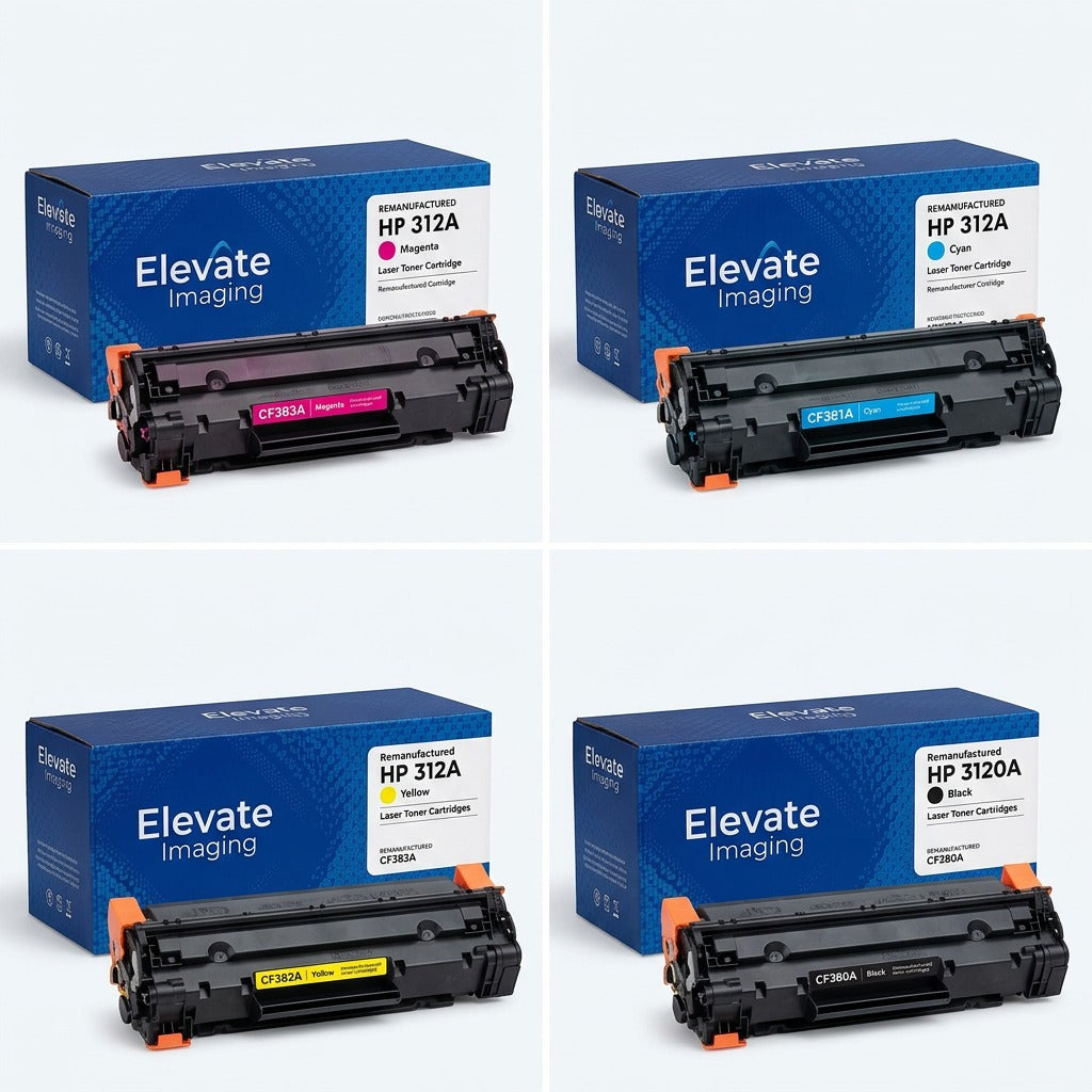 A 2x2 grid featuring cyan, magenta, yellow, and black Elevate Imaging HP 312A toner cartridges.
