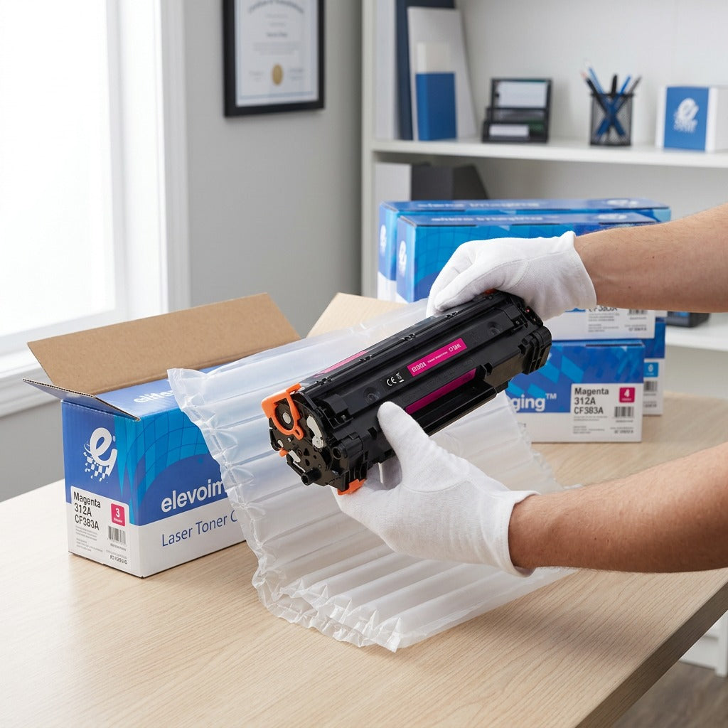 Hands in white gloves removing a magenta HP 312A (CF383A) toner from air-cushion packaging.