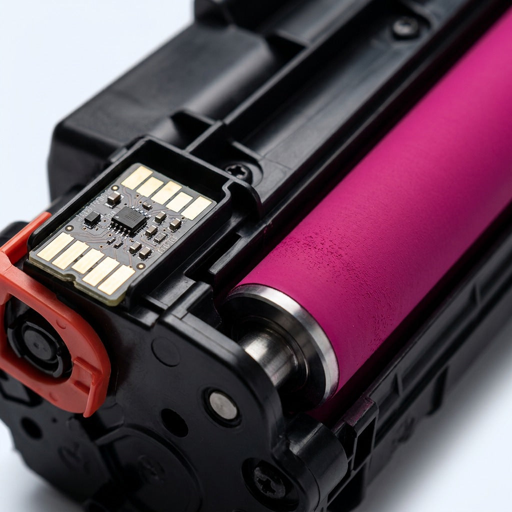 Macro detail of the smart chip and magenta roller on an Elevate Imaging HP 312A toner cartridge.