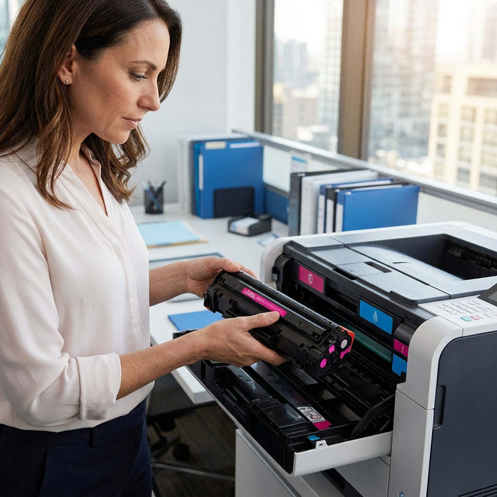 Office professional installing a magenta HP 312A (CF383A) toner cartridge into a laser printer.