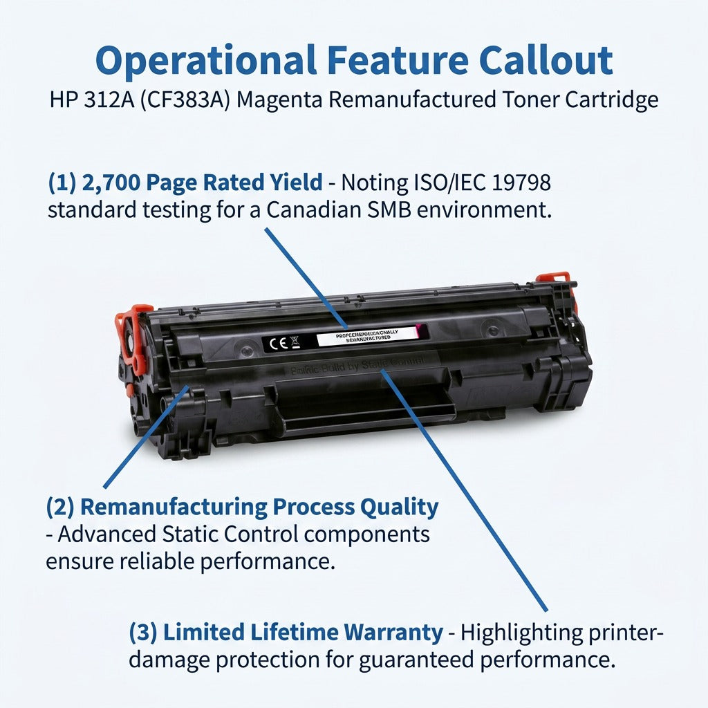 HP 312A Magenta Remanufactured Toner Cartridge showing a 2,700-page yield and lifetime warranty.