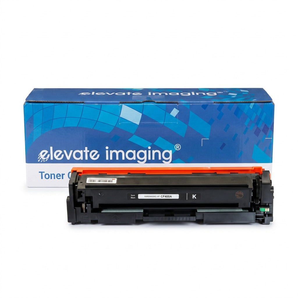Elevate Imaging black toner cartridge CF400A for HP printers, shown with its blue branded box.