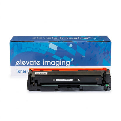 Elevate Imaging black toner cartridge CF400A for HP printers, shown with its blue branded box.