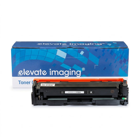 Elevate Imaging black toner cartridge CF400A for HP printers, shown with its blue branded box.