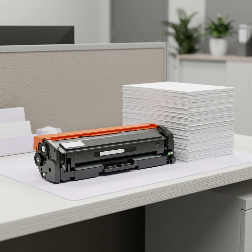 Compatible HP 201A black toner cartridge on a desk next to a stack of paper for scale.