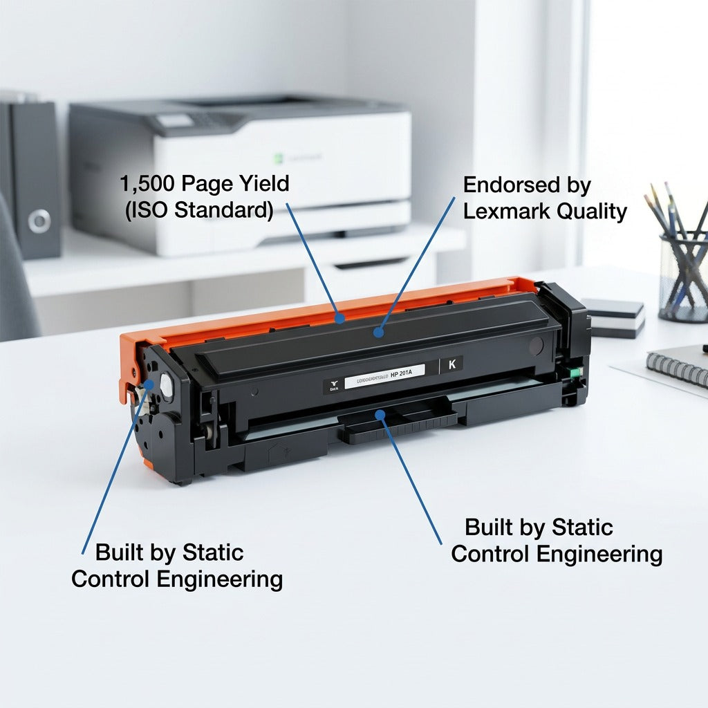 Elevate Imaging Black Toner Cartridge for HP 201A with 1,500 page yield and Lexmark endorsement.