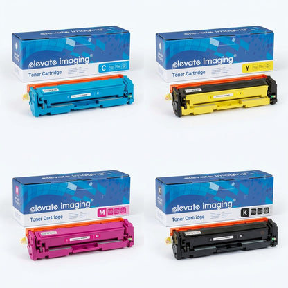 A 2x2 grid showing Elevate Imaging compatible HP 201A toner cartridges in cyan, yellow, magenta, and black.