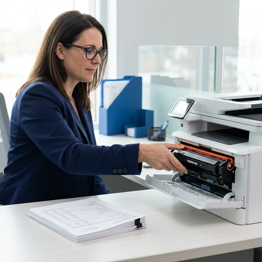 Office manager installing an Elevate Imaging HP CF400A black toner cartridge into a white printer.