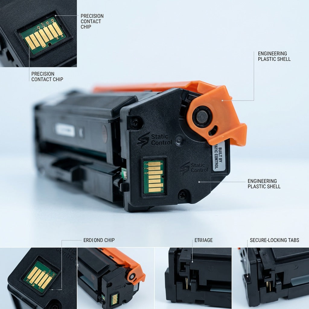 Detailed views of a HP 201A compatible toner cartridge showing the contact chip and sturdy shell.