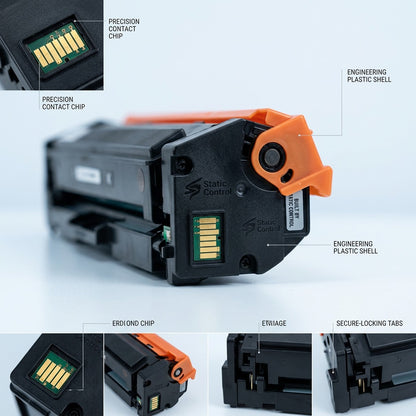 Detailed views of a HP 201A compatible toner cartridge showing the contact chip and sturdy shell.