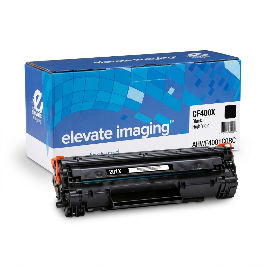 Elevate Imaging remanufactured HP 201X CF400X high yield black toner cartridge with retail box.