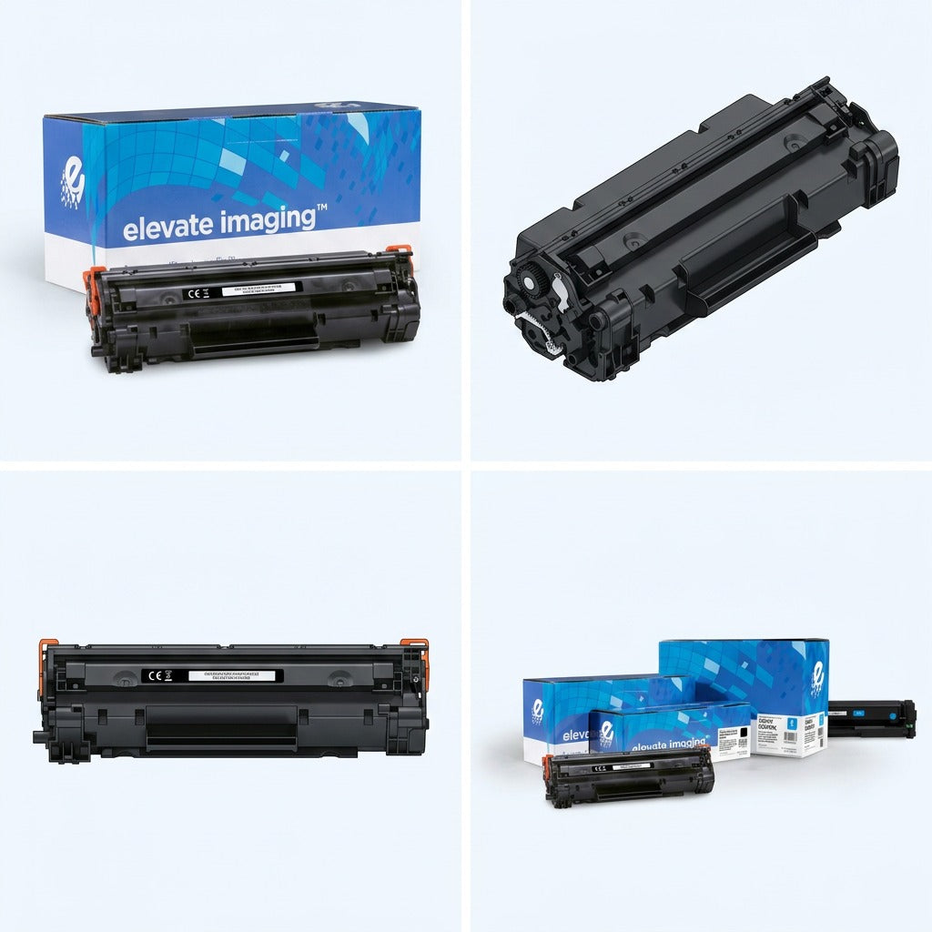 Multiple views of the Elevate Imaging HP 201X (CF400X) black toner cartridge and its retail box.