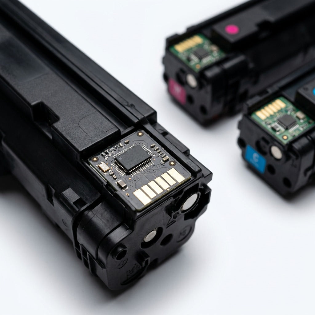 Macro view of the smart chip and gold contacts on an Elevate Imaging HP 201X toner cartridge.