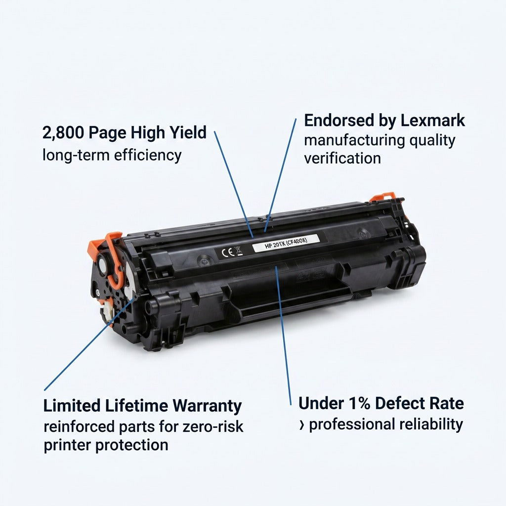 Elevate Imaging remanufactured HP 201X black toner cartridge with key performance feature callouts.
