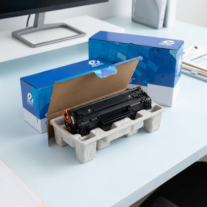 Elevate Imaging HP 201X CF400X black toner cartridge unboxed on a desk in protective packaging.