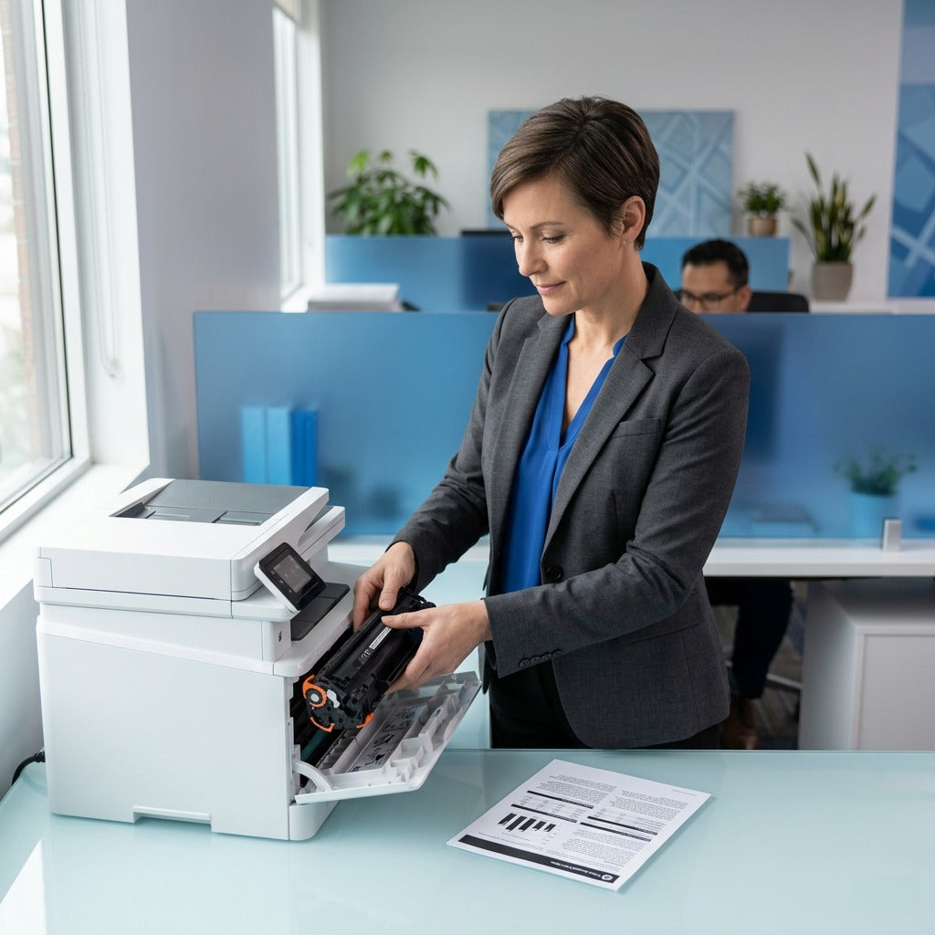 Professional woman inserting a black HP 201X toner cartridge into a white laser printer in a modern office.