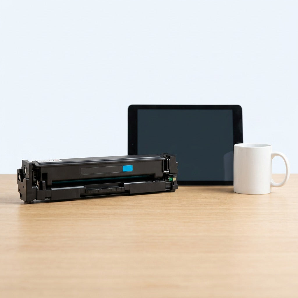 HP 201X cyan toner cartridge shown for scale on a desk next to a digital tablet and coffee mug.