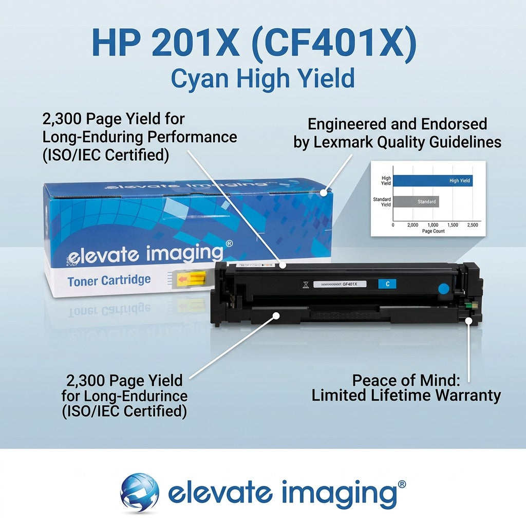 Elevate Imaging HP 201X Cyan Toner Cartridge with features: 2,300 page yield and lifetime warranty.