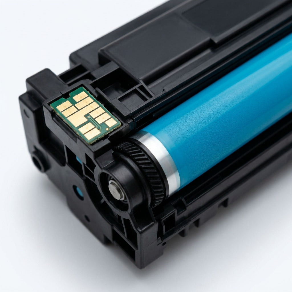 Macro view of a cyan HP 201X compatible toner cartridge showing the smart chip and developer roller.