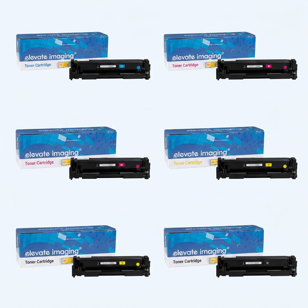 Grid of Elevate Imaging HP 201X compatible toner cartridges in cyan, magenta, yellow, and black.