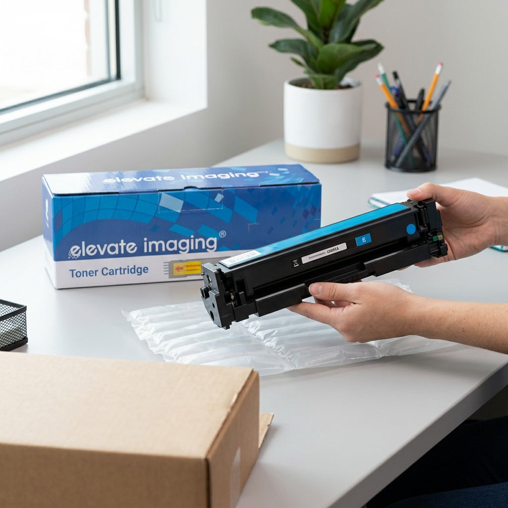 Unboxing an Elevate Imaging HP 201X compatible cyan toner cartridge from protective air cushioning.