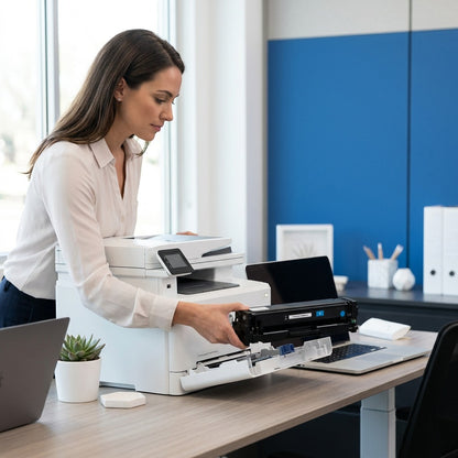 Professional installing an HP 201X CF401X cyan toner cartridge into a LaserJet Pro printer.