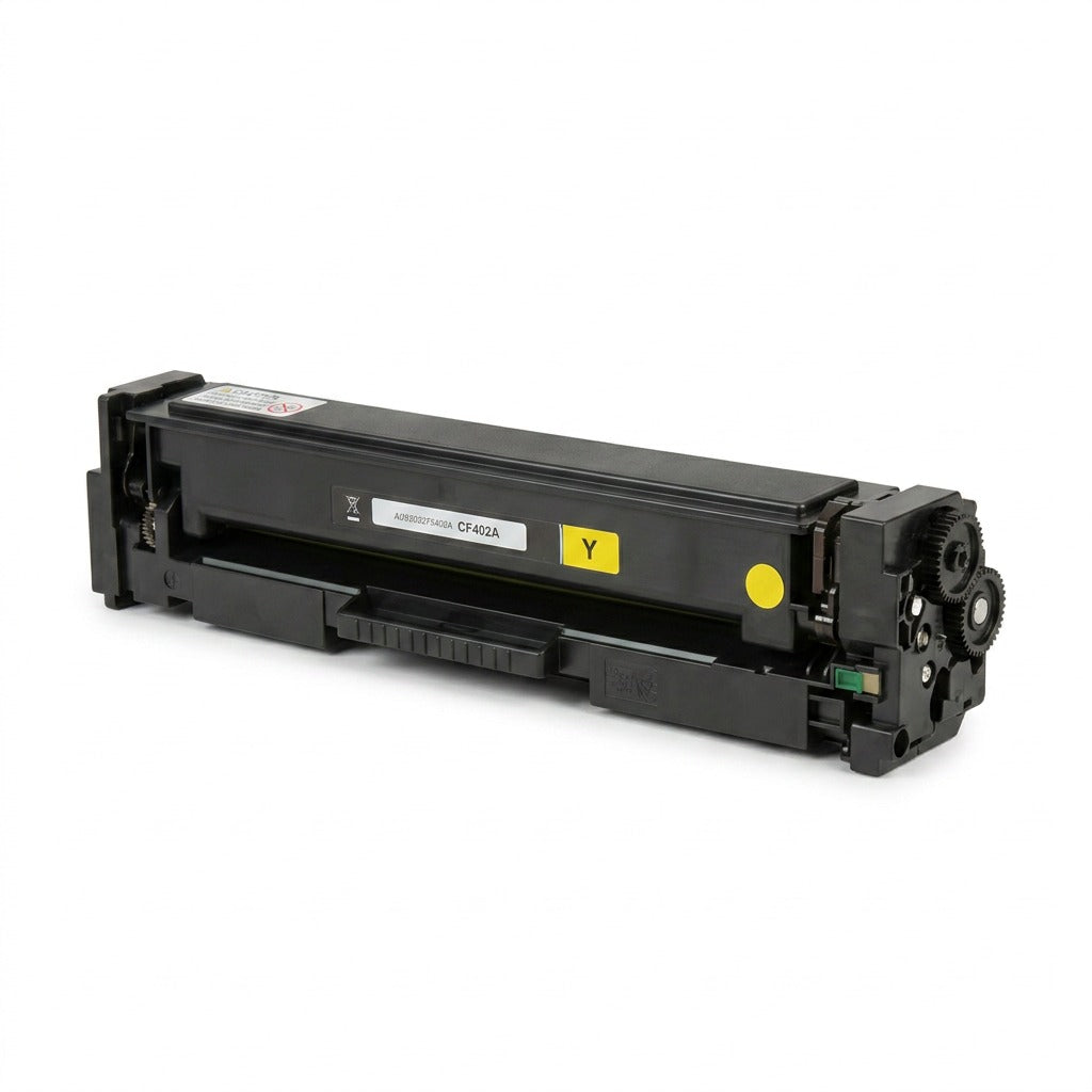Elevate Imaging compatible yellow toner cartridge for HP 201A CF402A on white background.