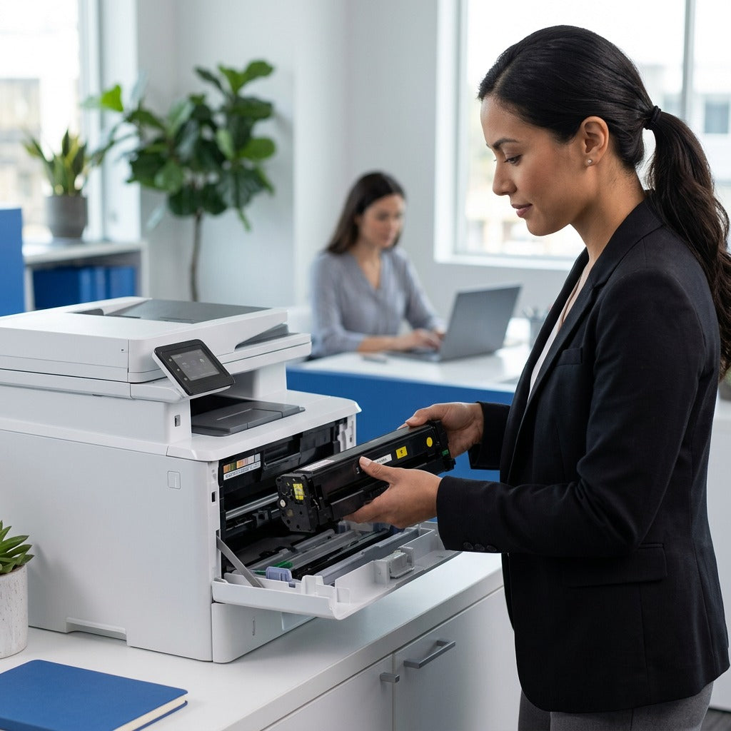 A professional inserts a yellow HP 201A CF402A compatible toner cartridge into a white laser printer.