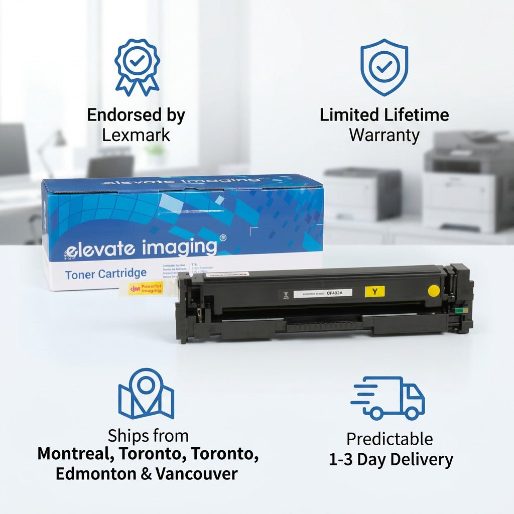 Trust infographic for Elevate Imaging HP 201A yellow toner showing fast Canadian shipping icons.