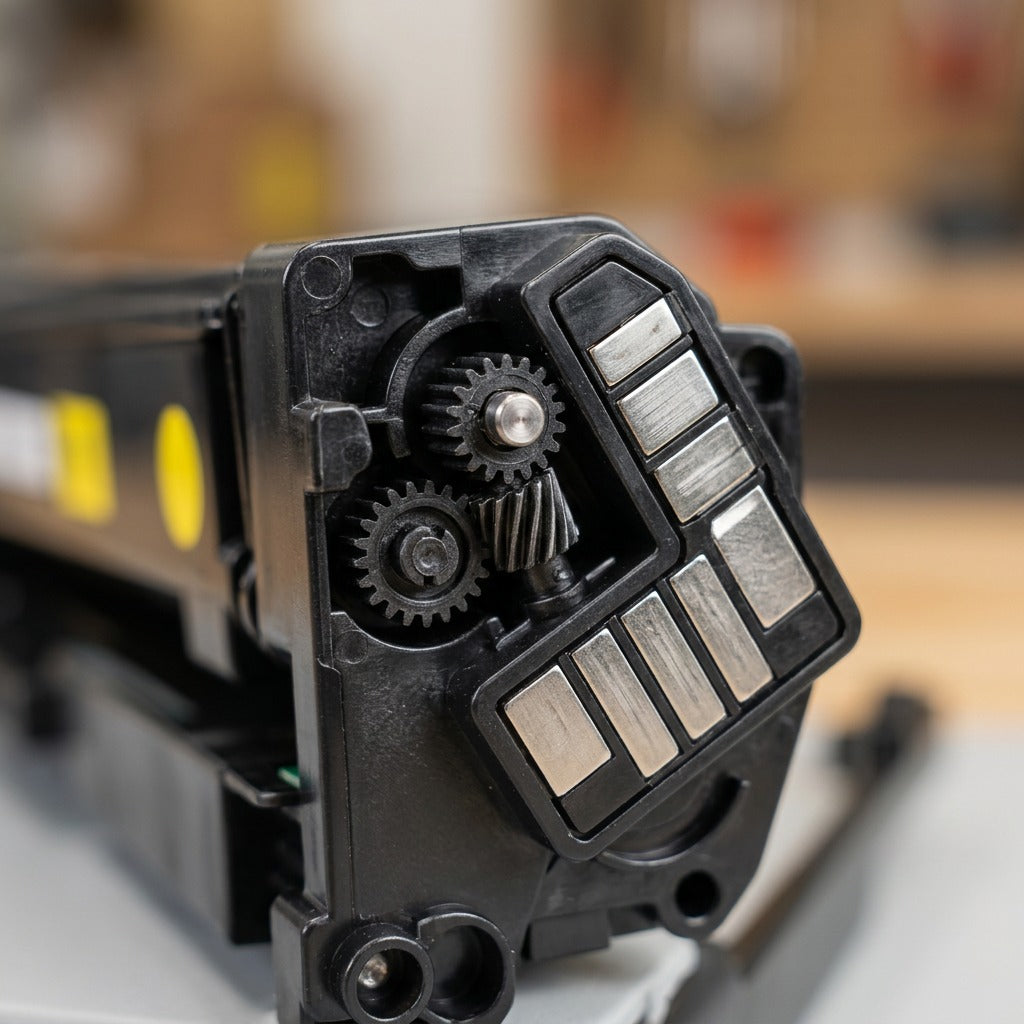 Macro detail of drive gears and metallic sensor contacts on an Elevate Imaging HP 201A toner unit.