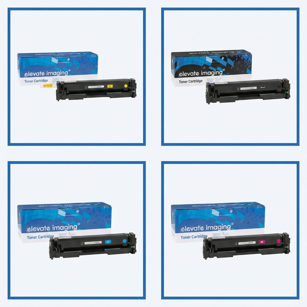 A matrix of Elevate Imaging compatible HP 201A toner cartridges in yellow, black, cyan, and magenta.