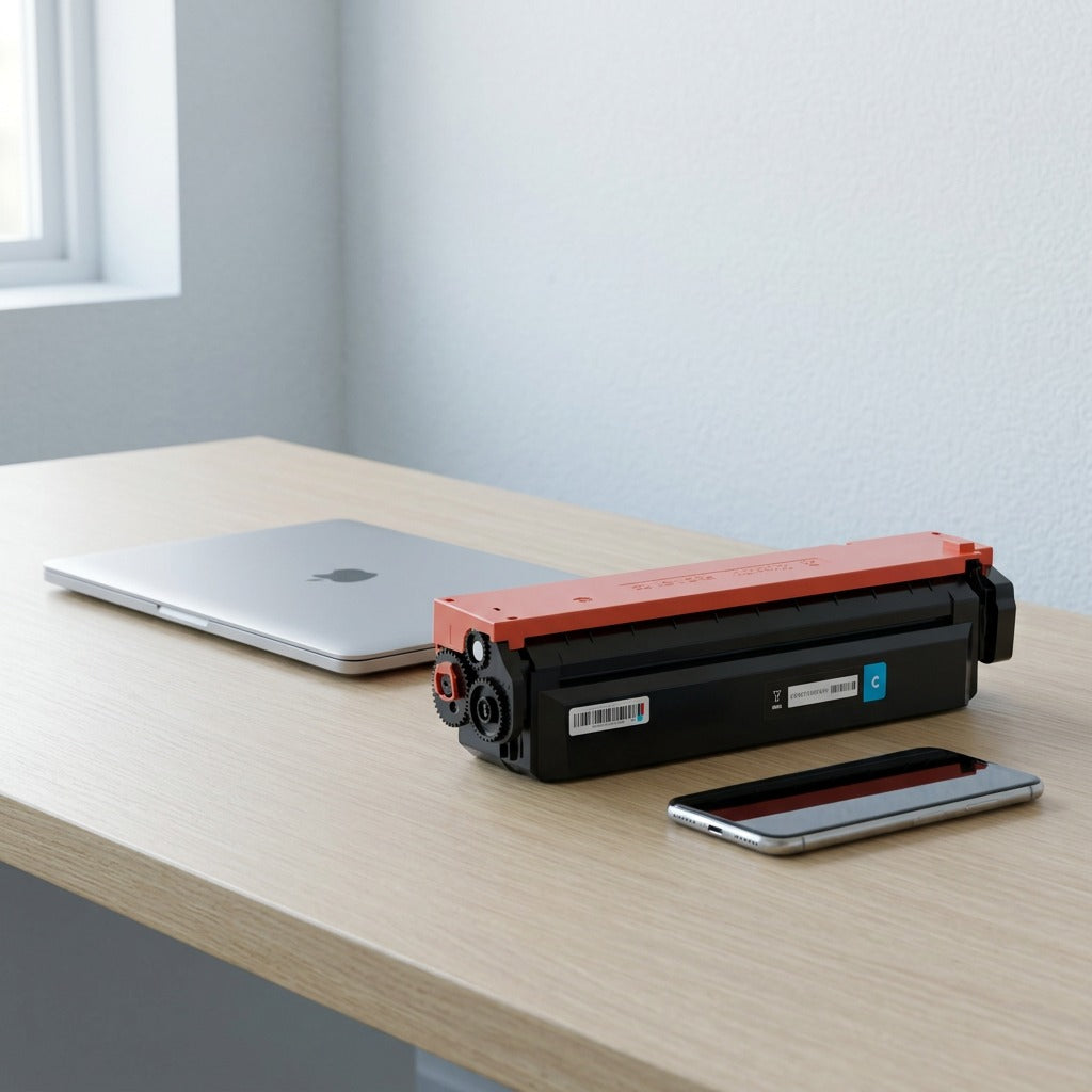 A cyan HP 410X (CF411X) toner cartridge on a wood desk next to a laptop and smartphone for scale.