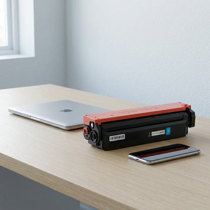 A cyan HP 410X (CF411X) toner cartridge on a wood desk next to a laptop and smartphone for scale.