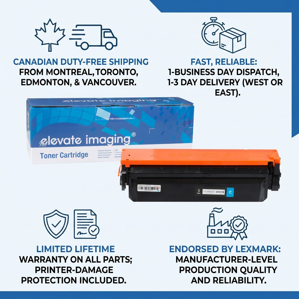 Elevate Imaging cyan toner for HP 410X with shipping, warranty, and Lexmark-endorsed quality info.