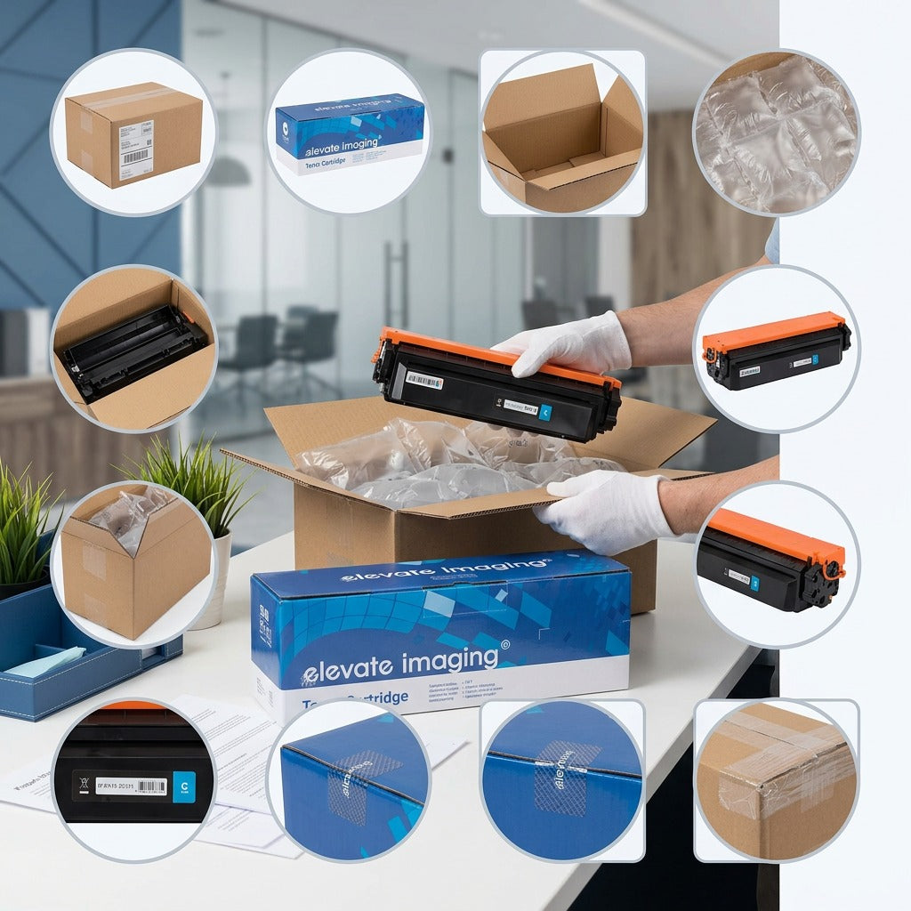 Unboxing an Elevate Imaging HP 410X cyan toner cartridge from a secure box with air pillows.