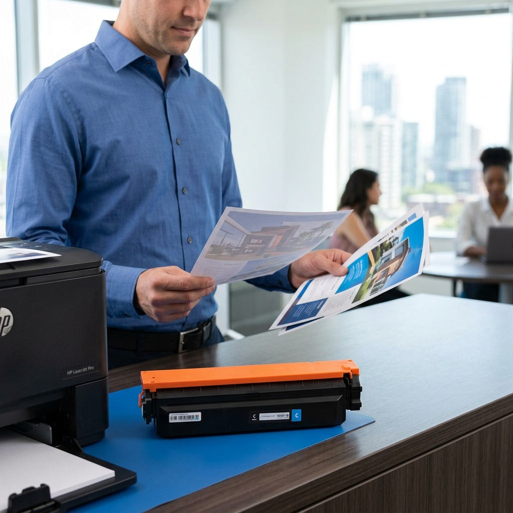Office manager reviewing cyan color prints next to an HP 410X High Yield Toner Cartridge.